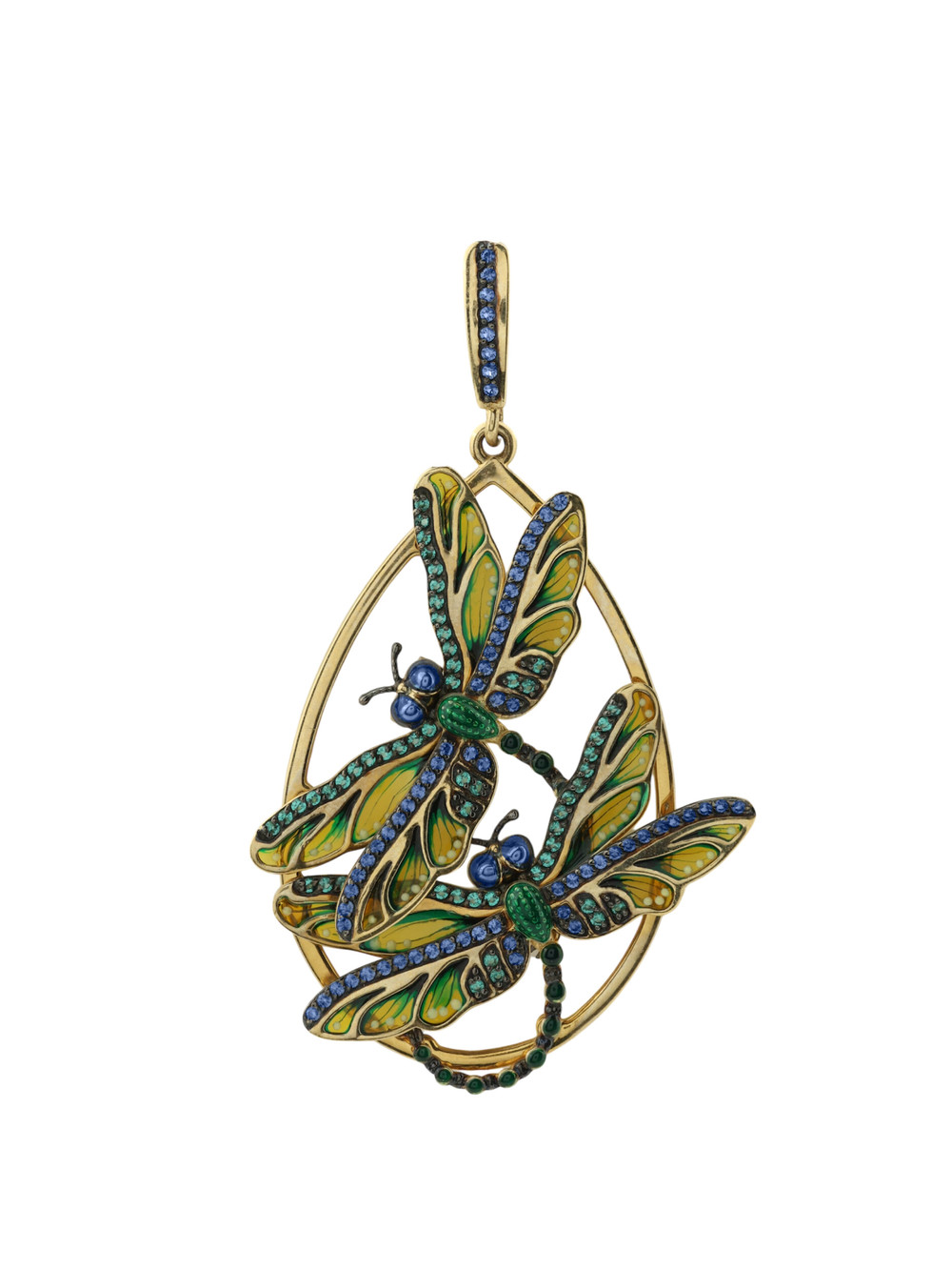 Подвеска из лимонного золота 585 пробы c сапфиром, изумрудом и эмалью