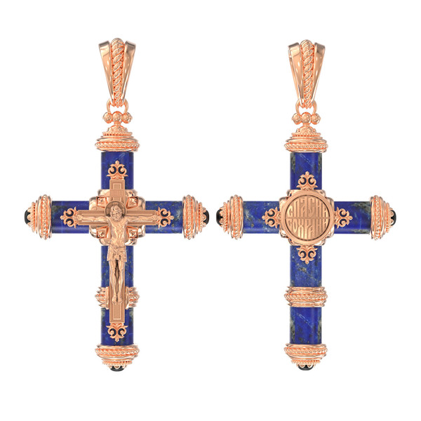 Крест из красного золота 585 пробы c ониксом и лазуритом