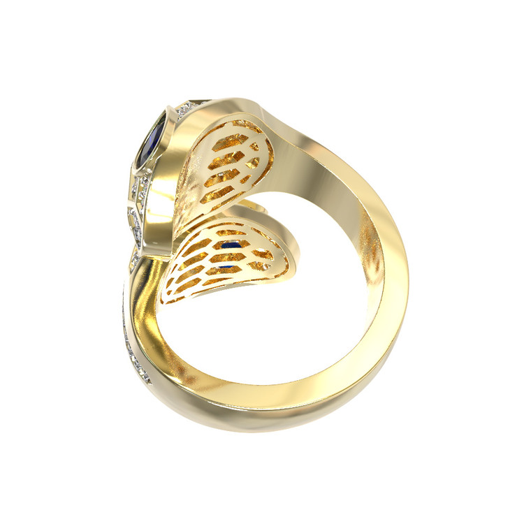 Кольцо из лимонного золота 585 пробы c бриллиантами, сапфиром и малахитом