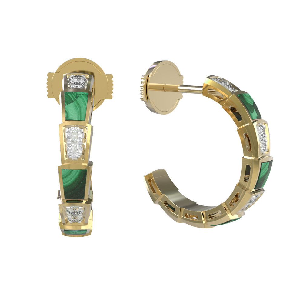 Серьги из лимонного золота 585 пробы c бриллиантами и малахитом