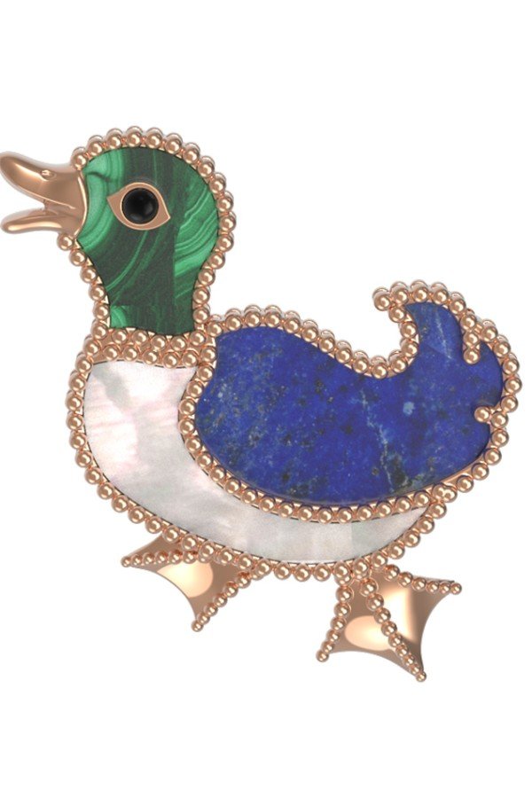 Брошь из золота c эмалью, лазуритом, малахитом и перламутром