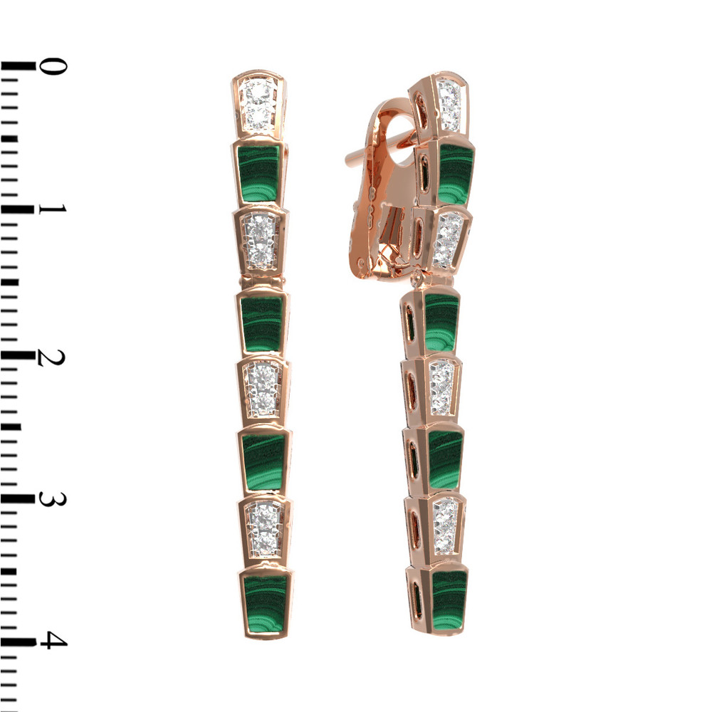 Серьги из красного золота 585 пробы c бриллиантами и малахитом