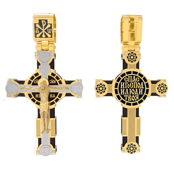 Крест из лимонного золота 585 пробы c эмалью и эбеновым деревом