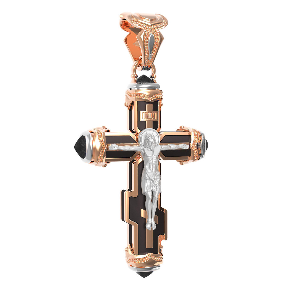 Крест из красного золота 585 пробы c ониксом и эбеновым деревом