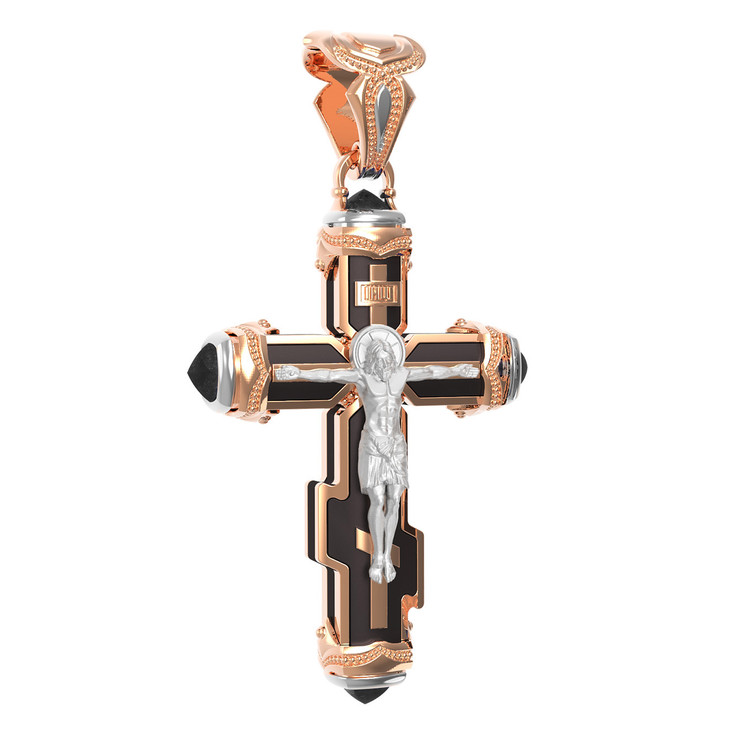 Крест из красного золота 585 пробы c ониксом и эбеновым деревом