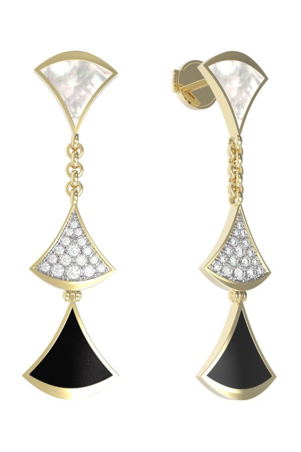 Серьги из лимонного золота c бриллиантами, ониксом и перламутром