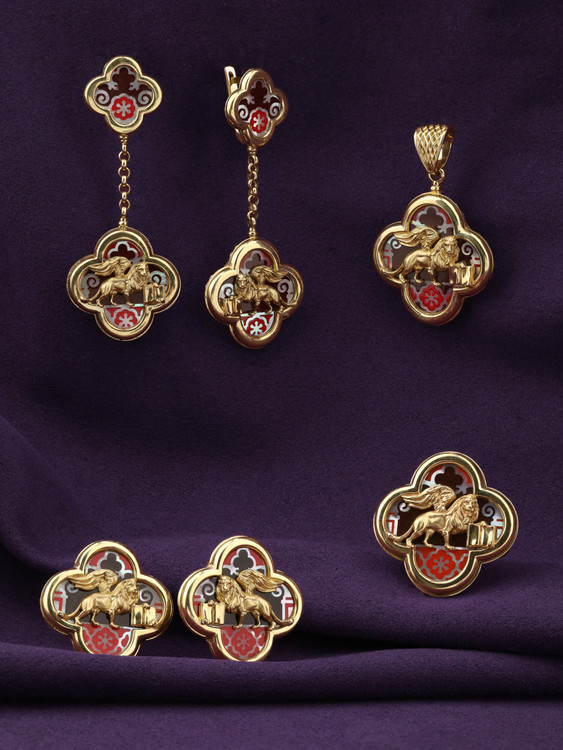 Кольцо из лимонного золота 585 пробы c эмалью и перламутром