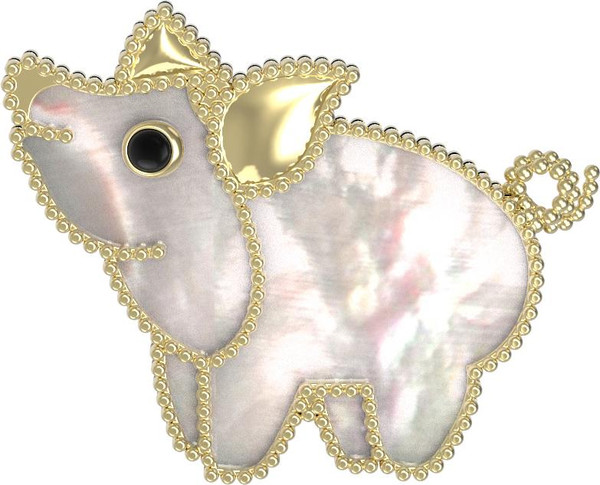 Брошь из лимонного золота 585 пробы c эмалью и перламутром