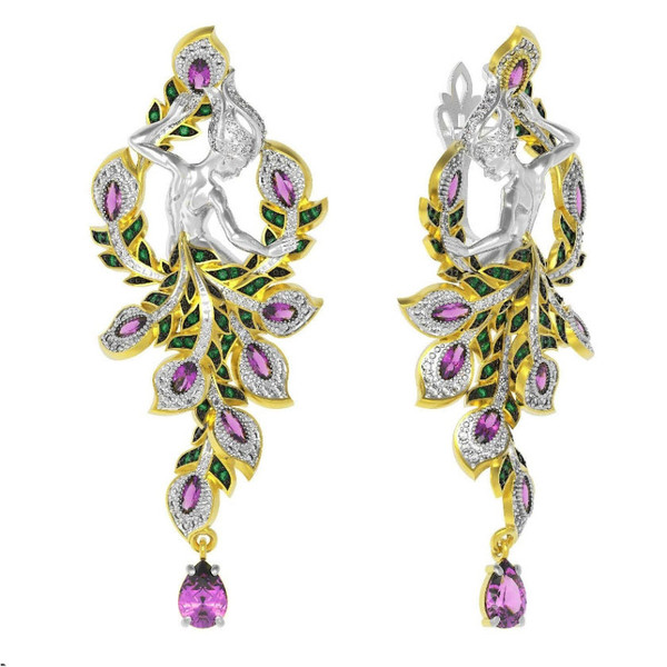 Серьги из лимонного золота 585 пробы c фианитом и аметистом