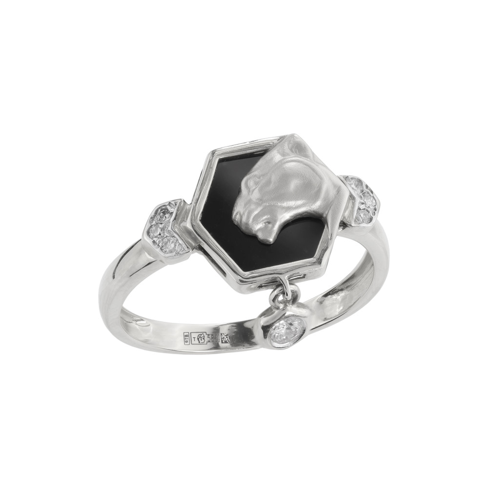 Кольцо из белого золота 585 пробы c бриллиантами и ониксом