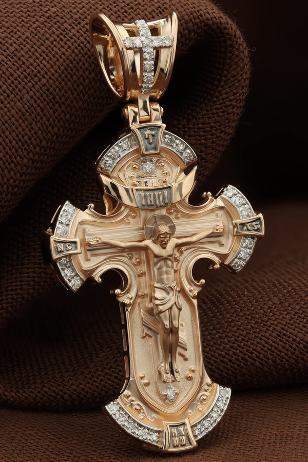 Крест из красного золота 585 пробы c бриллиантами