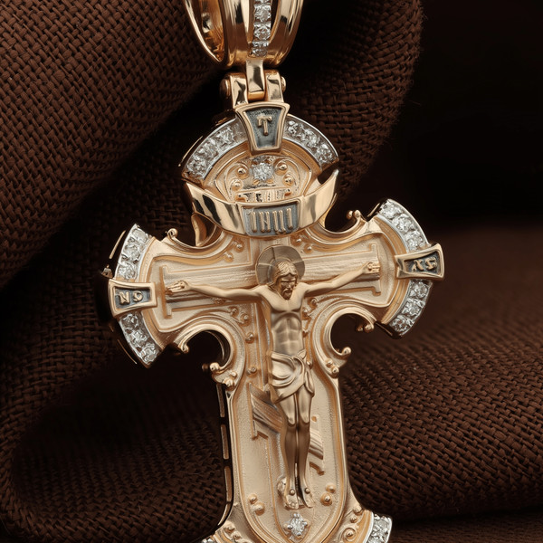Крест из красного золота 585 пробы c бриллиантами