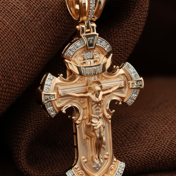 Крест из красного золота 585 пробы c бриллиантами
