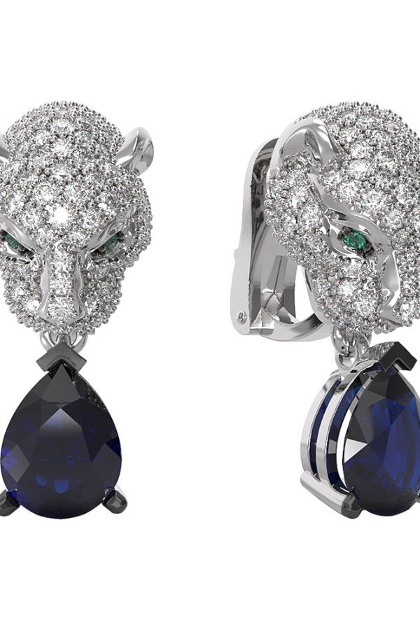 Серьги из белого золота c бриллиантами, сапфиром и изумрудом