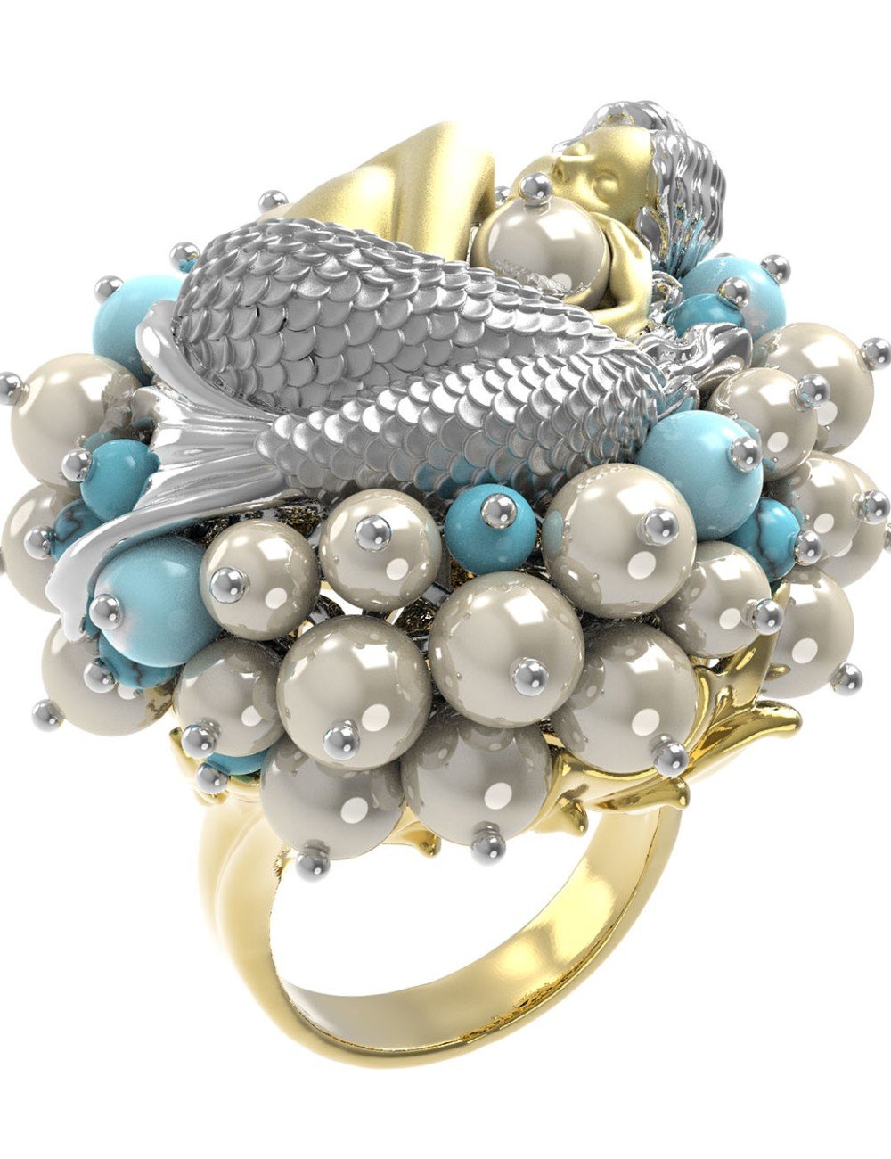 Кольцо из лимонного золота c жемчугом и бирюзой