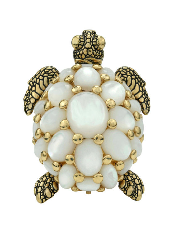 Кольцо из лимонного золота 585 пробы c эмалью и перламутром