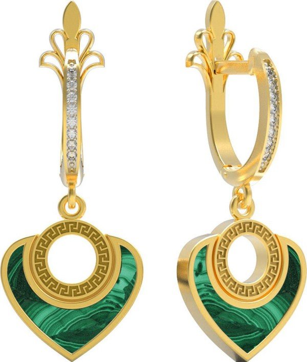 Серьги из лимонного золота c фианитом и малахитом