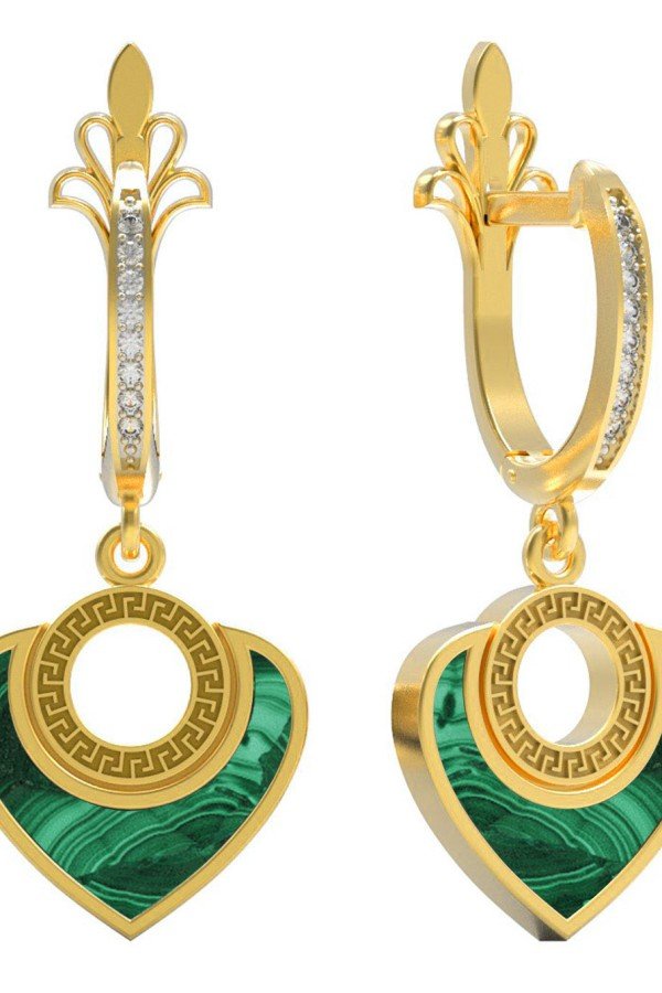 Серьги из лимонного золота c фианитом и малахитом