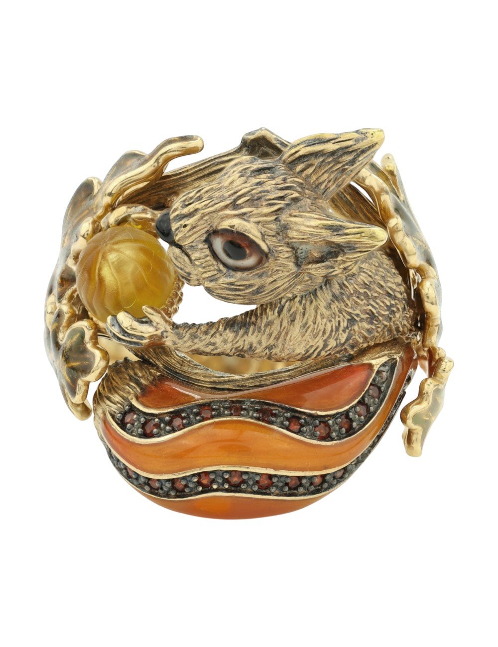 Кольцо из лимонного золота c эмалью, гранатом и янтарём