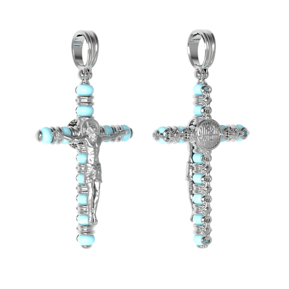 Крест из белого золота 585 пробы c бирюзой