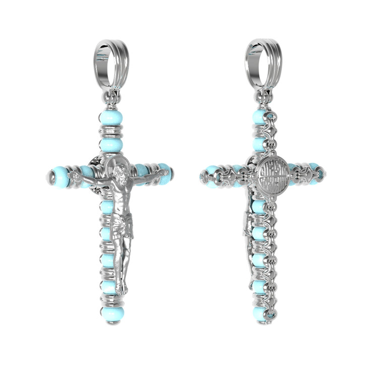 Крест из белого золота 585 пробы c бирюзой
