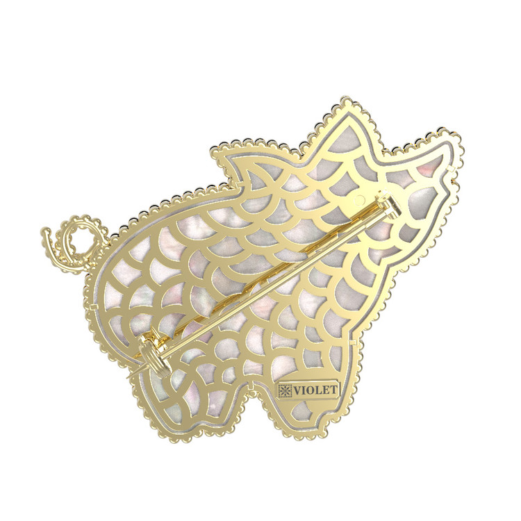 Брошь из лимонного золота 585 пробы c эмалью и перламутром