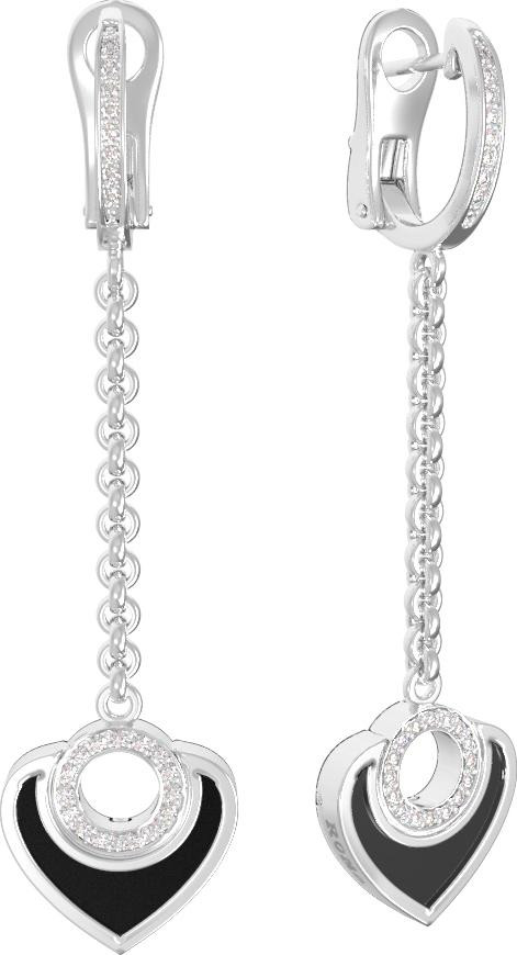 Серьги из белого золота 585 пробы c бриллиантами и ониксом