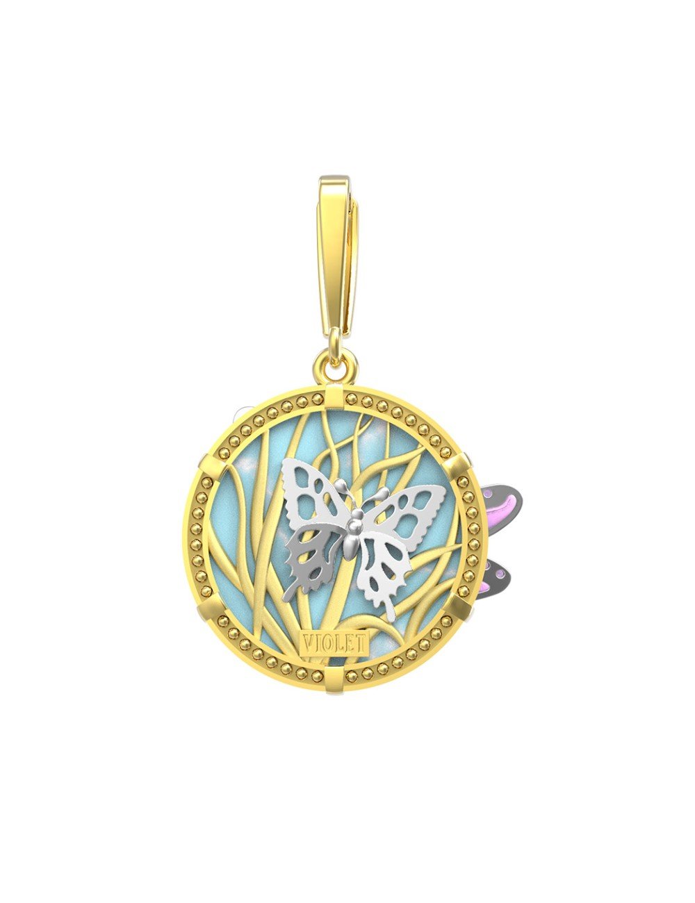 Подвеска из лимонного золота c бирюзой, аметистом и эмалью