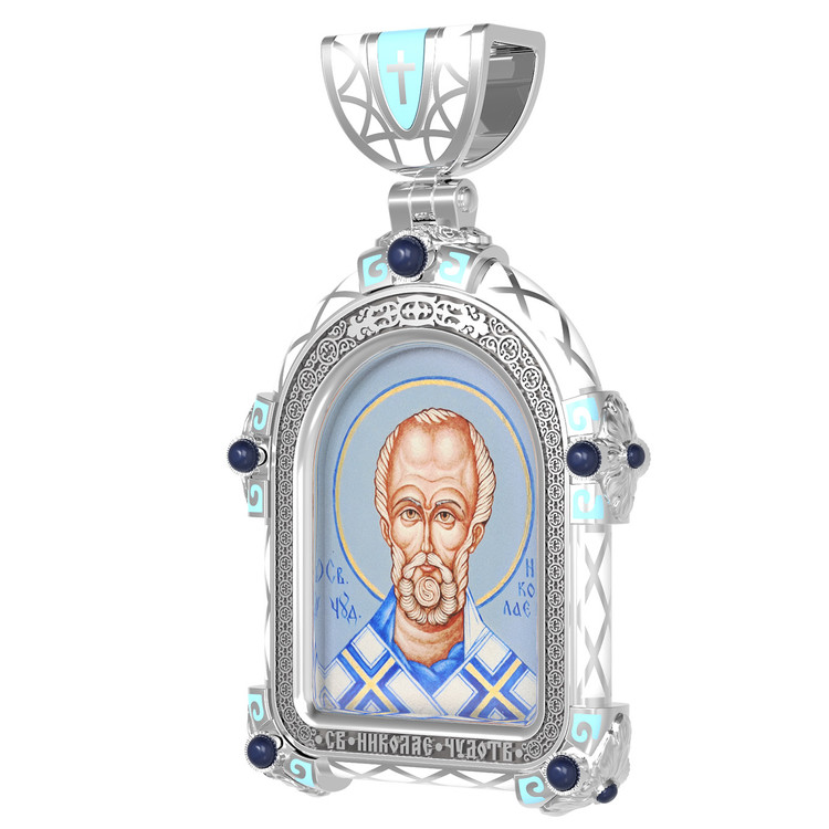 Нательная икона из белого золота 585 пробы c эмалью, иконописью и темперой