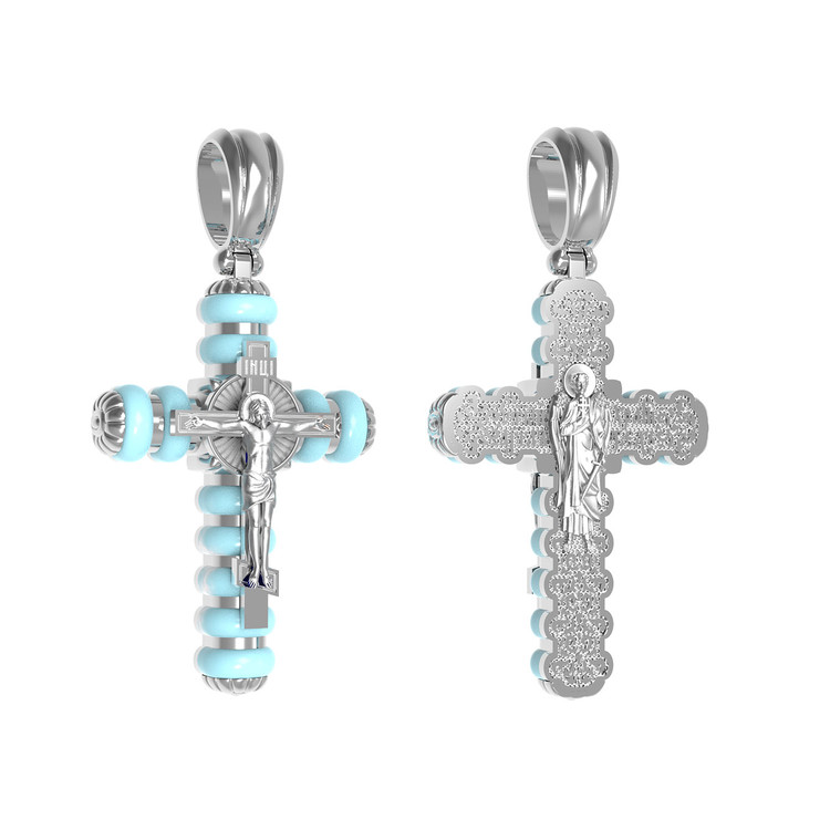 Крест из белого золота 585 пробы c бирюзой