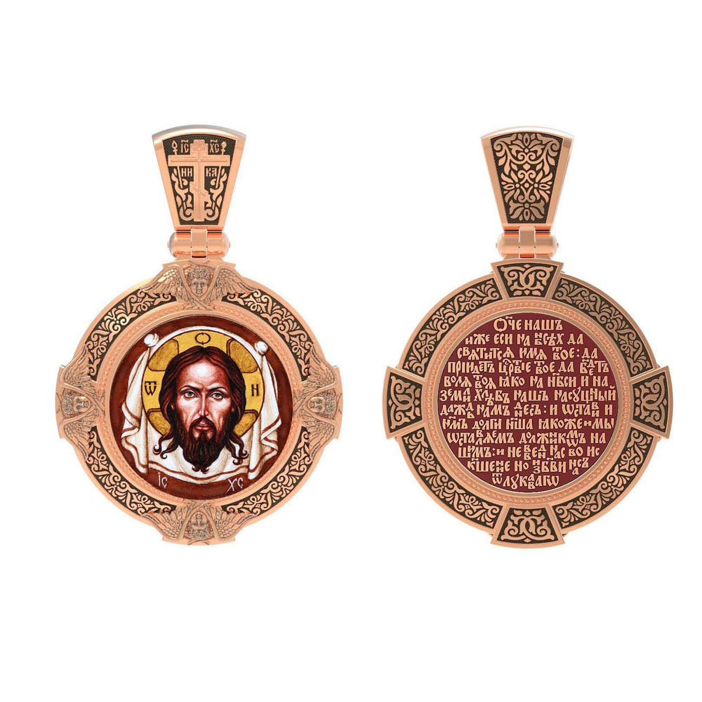 Нательная икона из красного золота 585 пробы c эмалью, иконописью и темперой