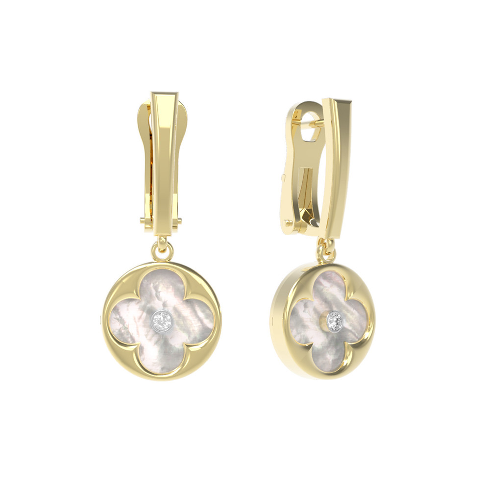 Серьги из лимонного золота 585 пробы c бриллиантами и перламутром