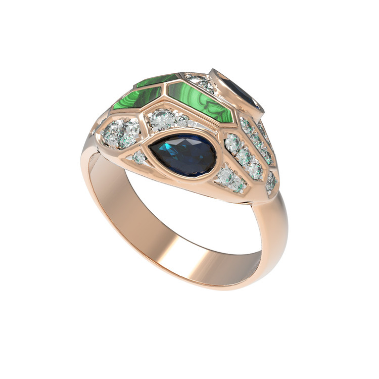 Кольцо из красного золота 585 пробы c бриллиантами, сапфиром и малахитом