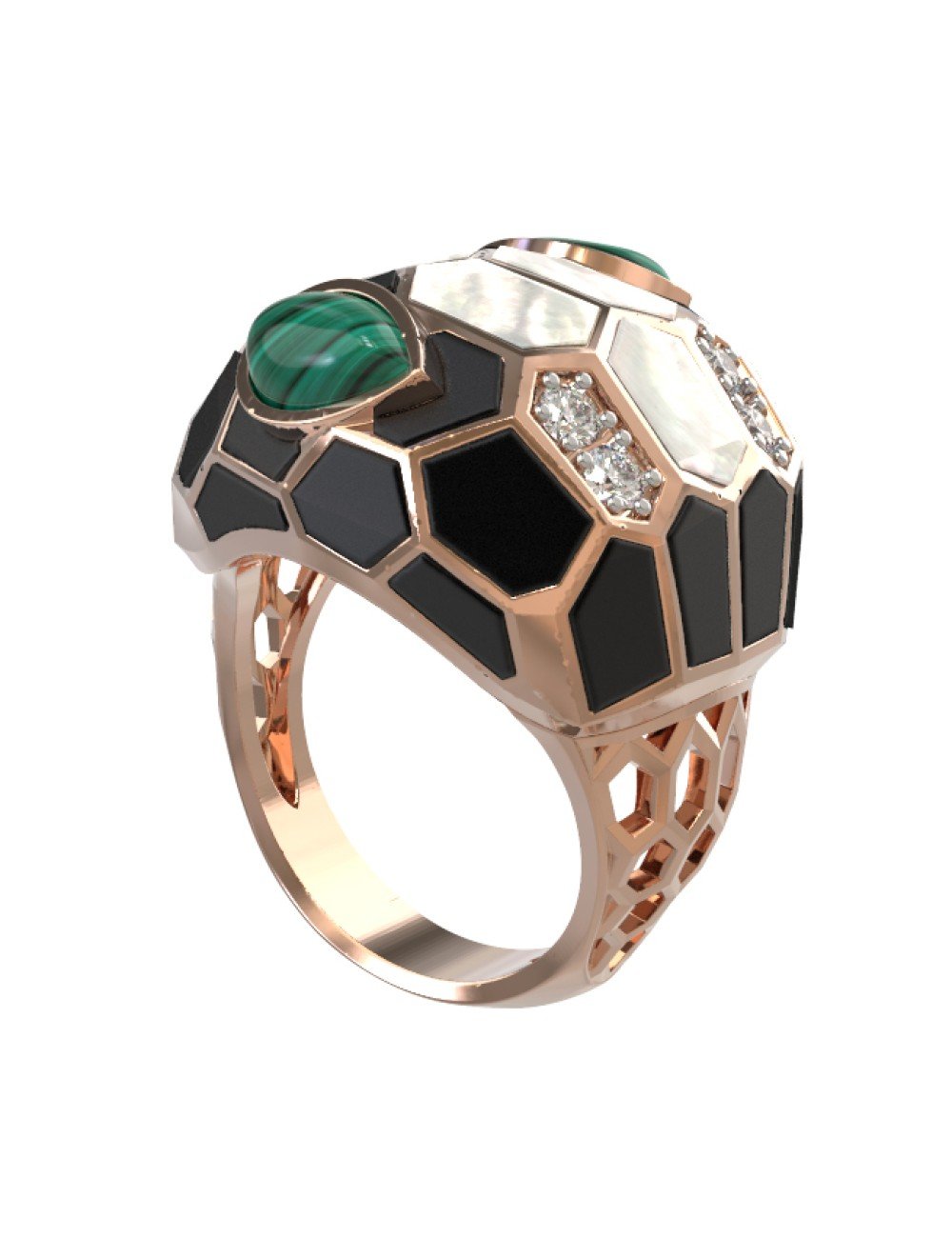 Кольцо из золота c бриллиантами, рубином, ониксом, малахитом и перламутром