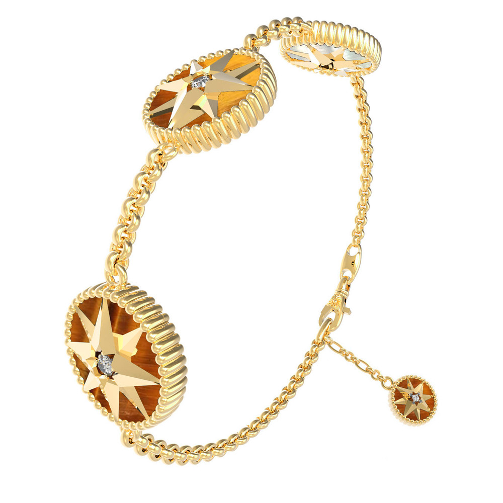 Браслет из лимонного золота 585 пробы c фианитом, тигровым глазом и перламутром