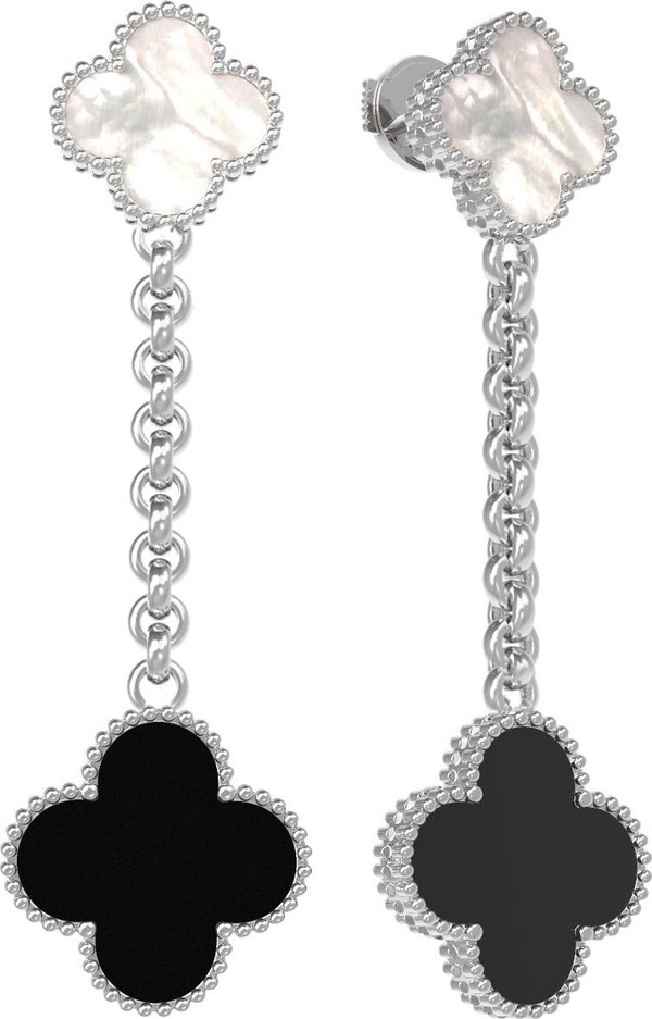 Серьги из белого золота 585 пробы c ониксом и перламутром