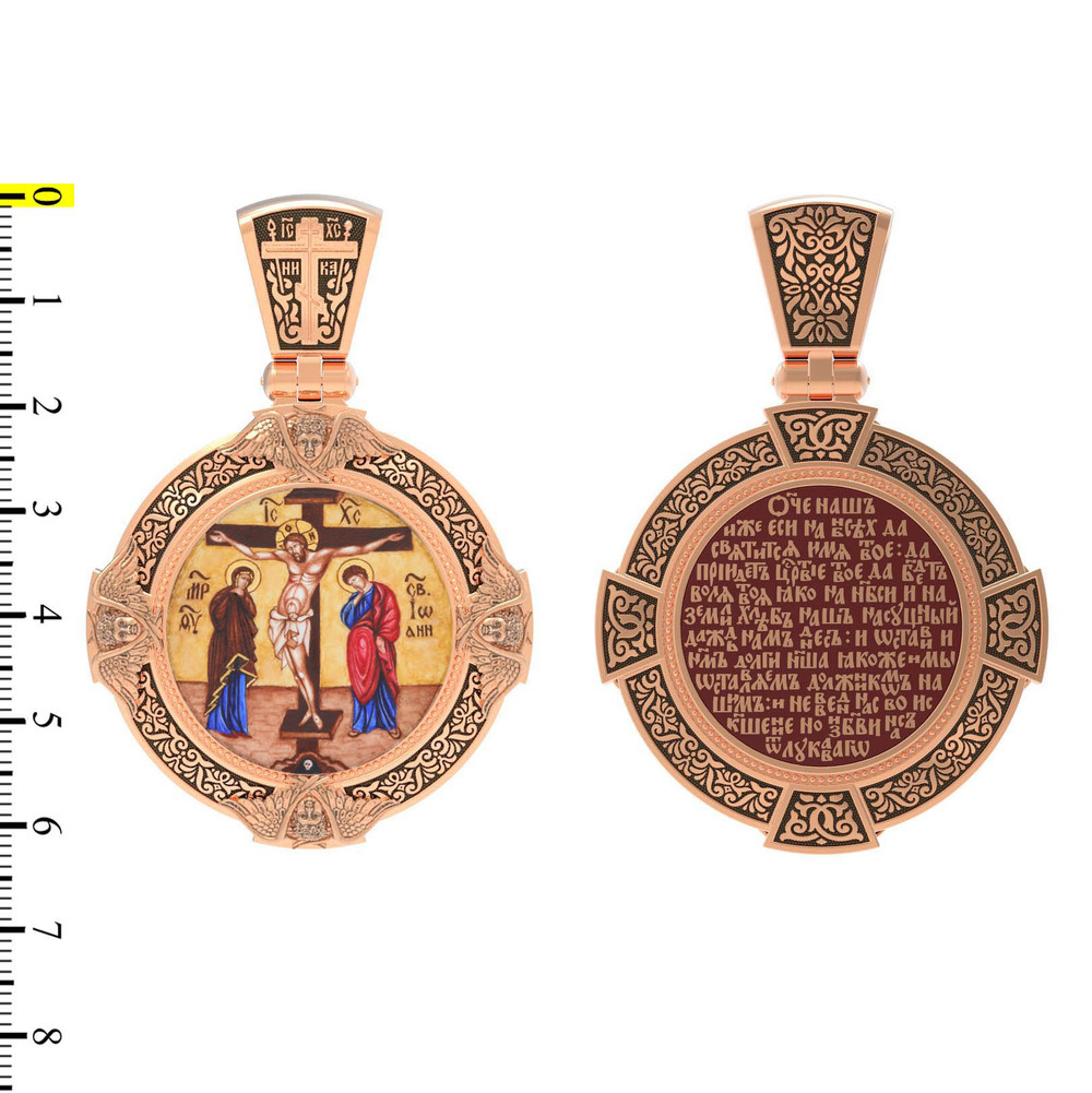 Нательная икона из красного золота 585 пробы c эмалью, иконописью и темперой