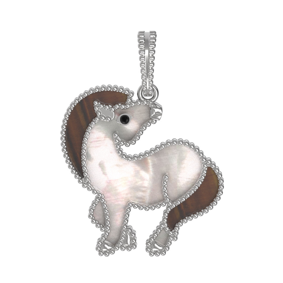 Подвеска из белого золота 585 пробы c эмалью, тигровым глазом и перламутром