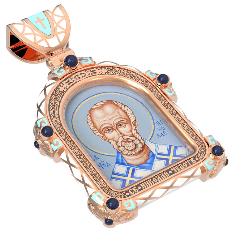 Нательная икона из красного золота 585 пробы c эмалью, иконописью и темперой