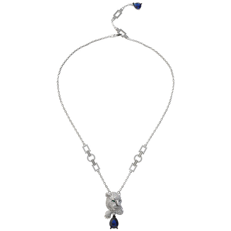 Колье из белого золота 585 пробы c бриллиантами, сапфиром и изумрудом