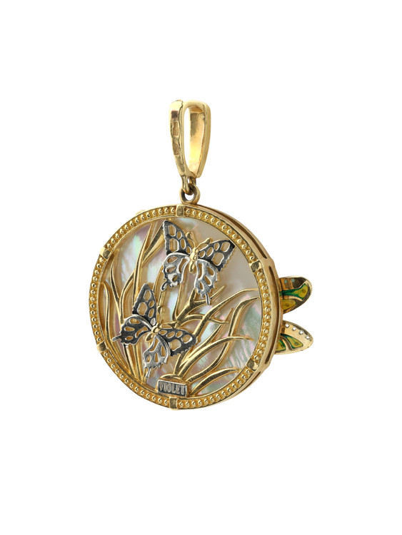Подвеска из лимонного золота 585 пробы c сапфиром, изумрудом, эмалью и перламутром