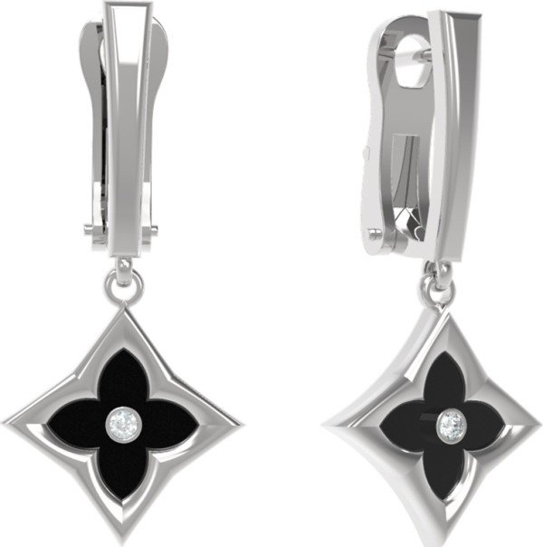 Серьги из белого золота c бриллиантами и ониксом