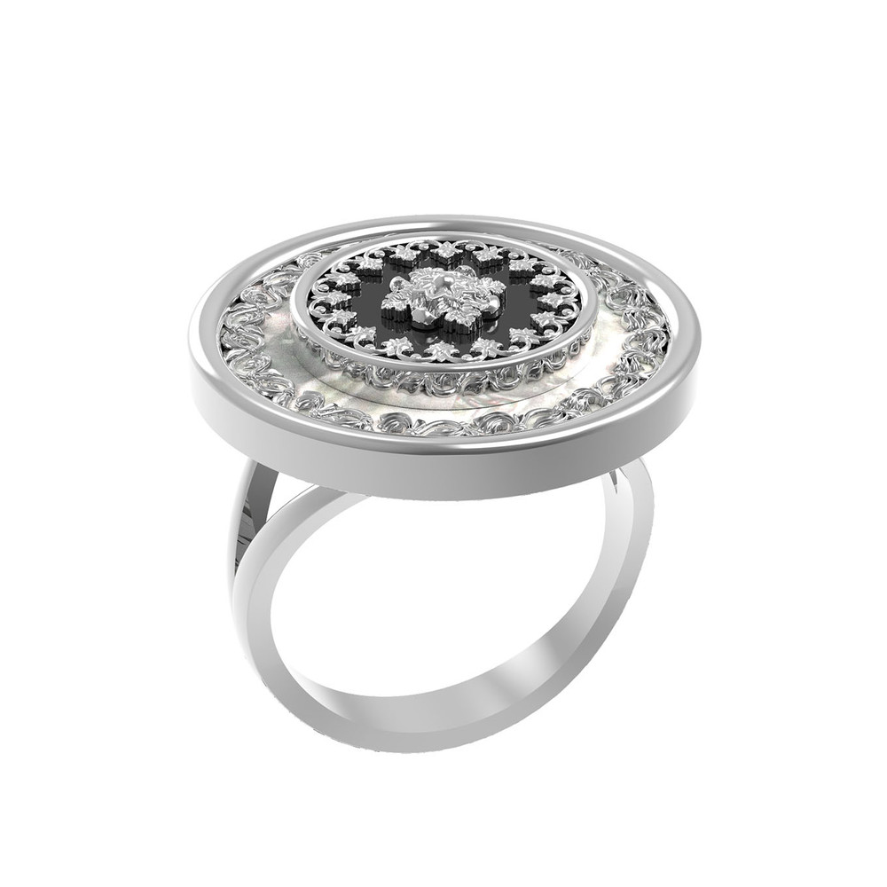 Кольцо из белого золота 585 пробы c ониксом и перламутром