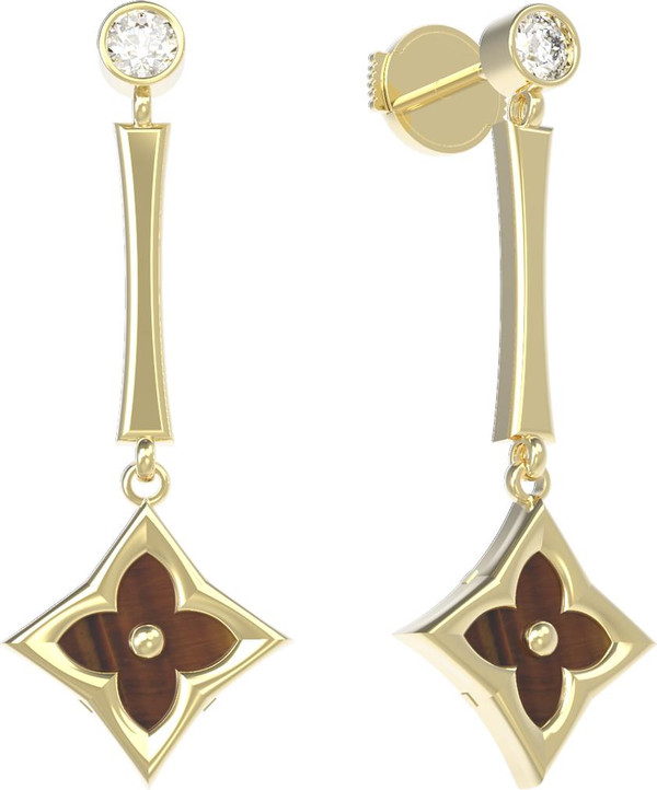 Серьги из лимонного золота 585 пробы c фианитом и тигровым глазом