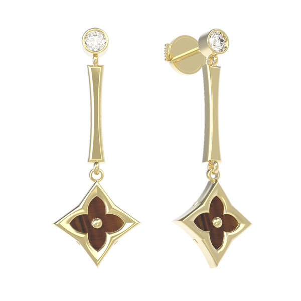 Серьги из лимонного золота 585 пробы c фианитом и тигровым глазом