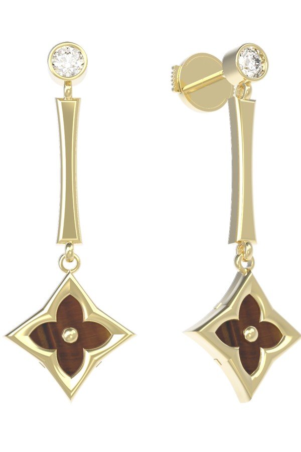 Серьги из лимонного золота c фианитом и тигровым глазом