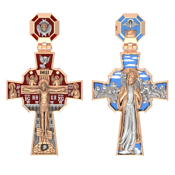 Крест из красного золота 585 пробы c эмалью