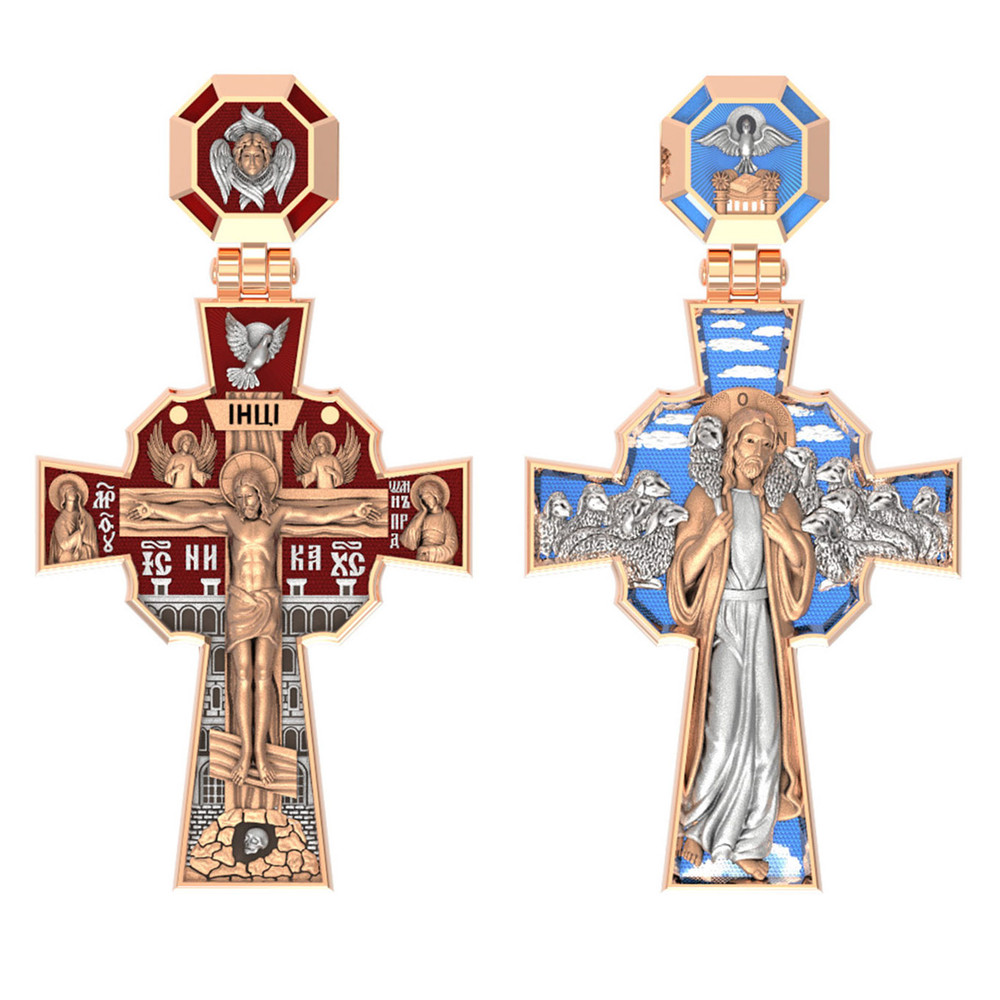 Крест из красного золота 585 пробы c эмалью