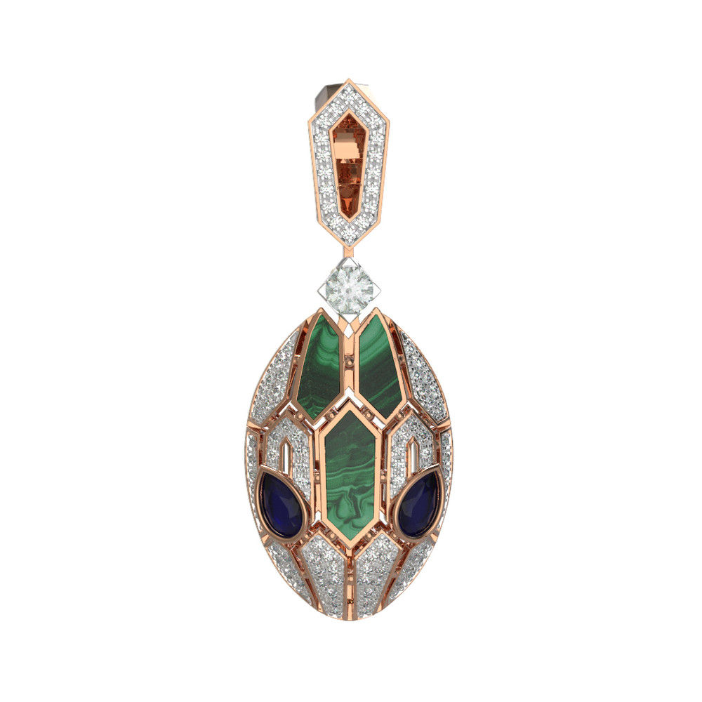 Подвеска из красного золота 585 пробы c бриллиантами, сапфиром и малахитом