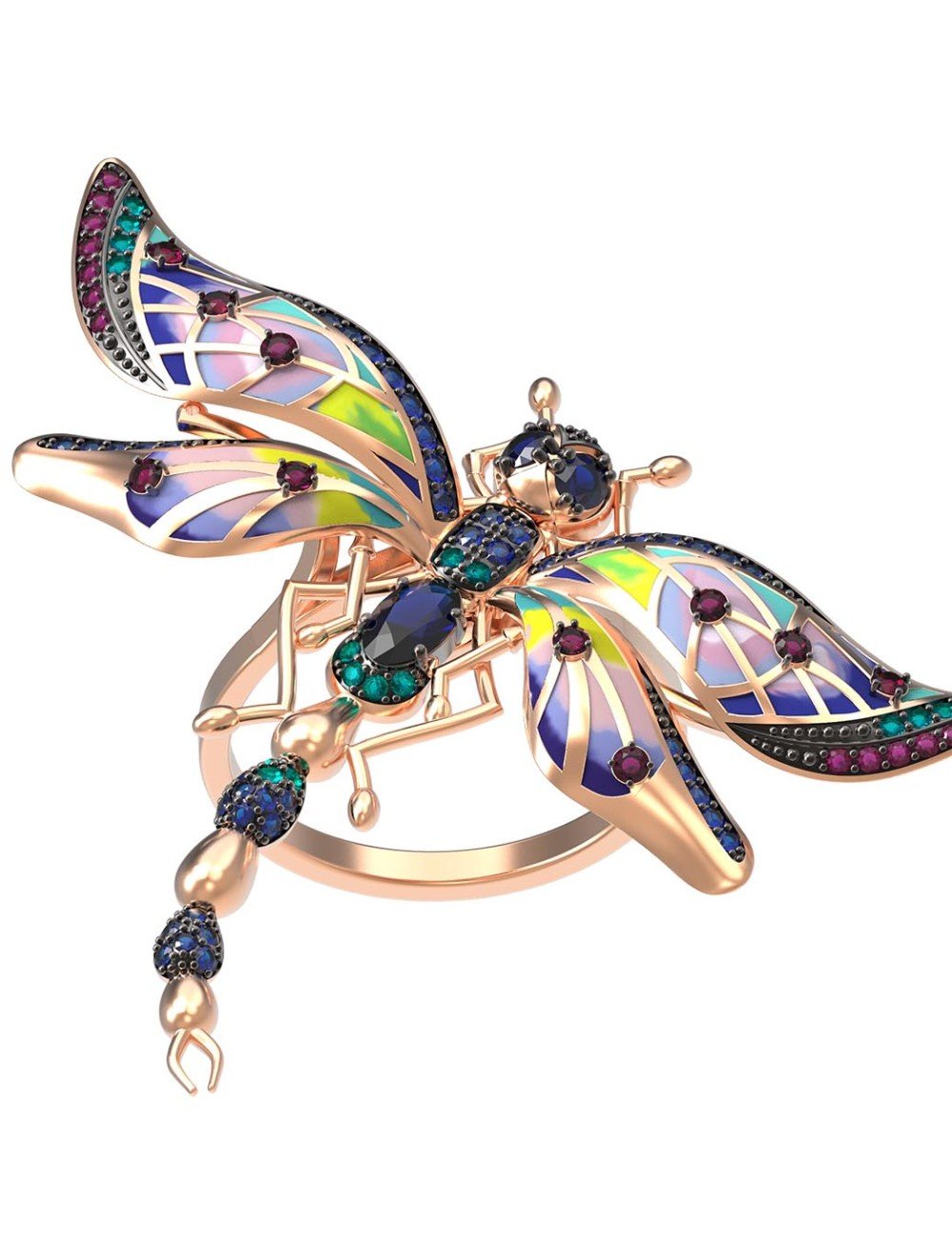 Кольцо из золота c фианитом, рубином, сапфиром и эмалью